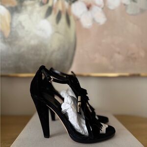 Gucci Suede Fringe Trim Accent Slingback Sandals